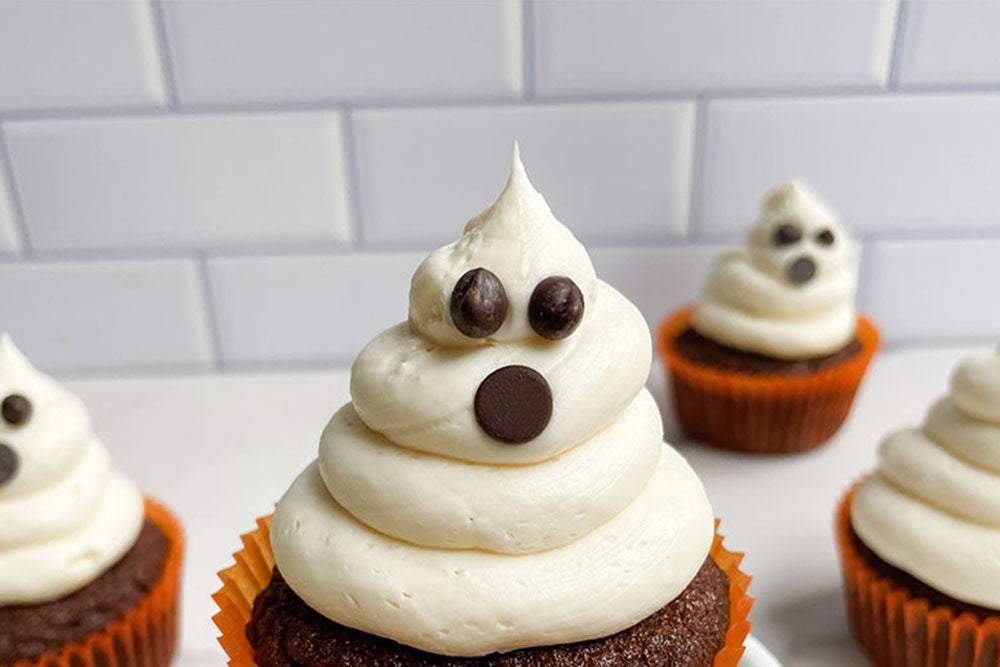 Image of Gluten-Free Chocolate Ghost Cupcakes with Cream Cheese Frosting
