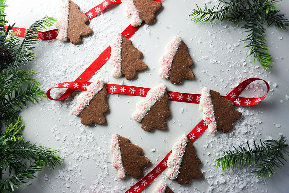 Chocolate Peppermint Christmas Tree shortbread cookies on a festive background with snow and pine needles