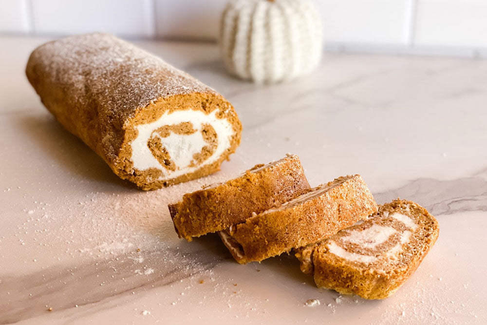 Photo of a Sugar Free Pumpkin Spice Roll with Vanilla Cream Cheese Filling