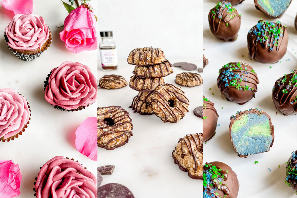 Image of rose cupcakes, samoa cookies, and earth cake pops