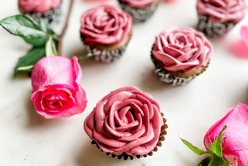 Cream Cheese Rose Frosted Cupcakes, naturally colored with PurColour colorants.