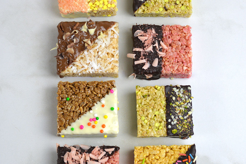 Assorted flavored rice crispie treats with sprinkles