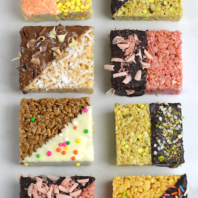 Assorted flavored rice crispie treats with sprinkles