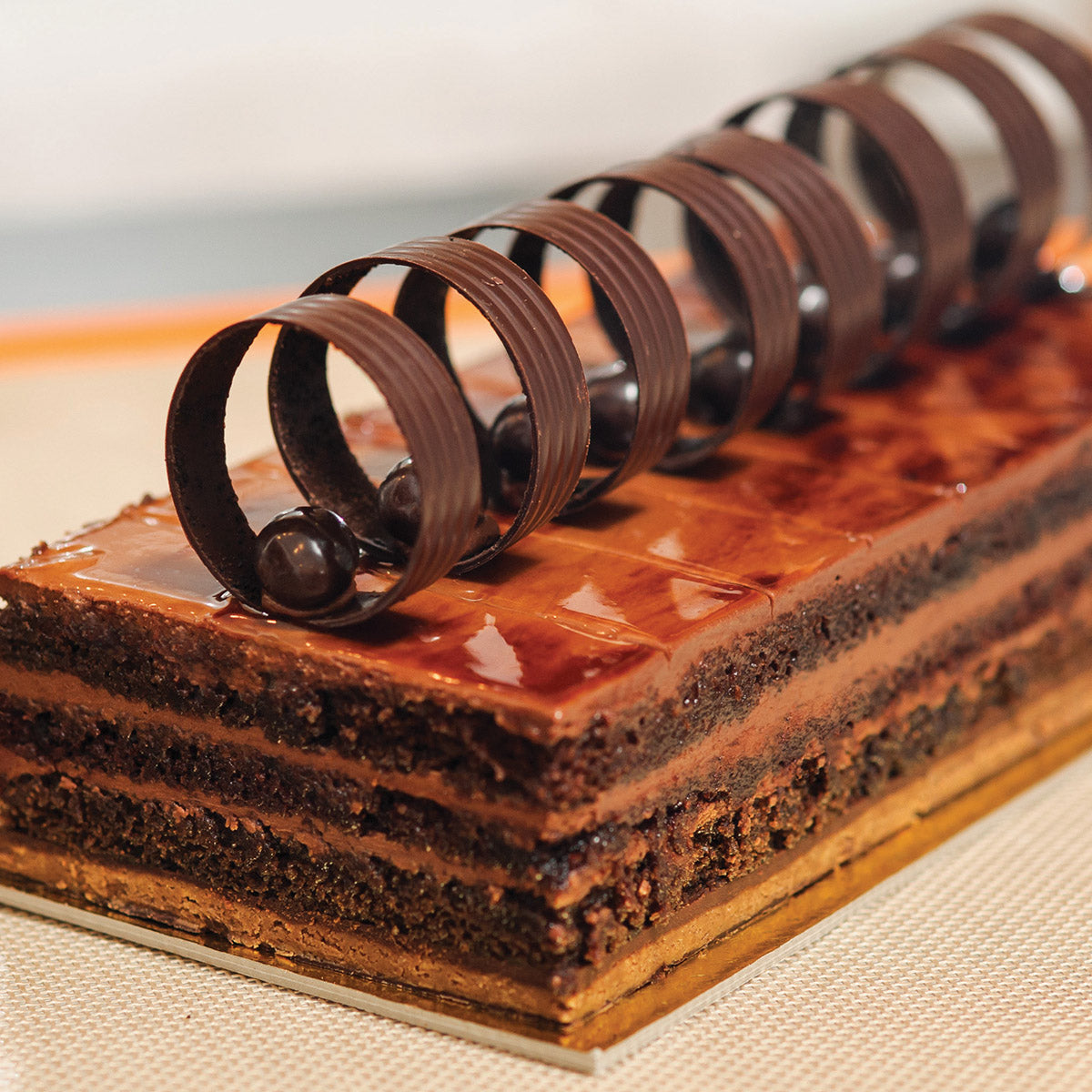 Chocolate Epresso Pave with layers of crunchy praline and an espresso flavored glaze