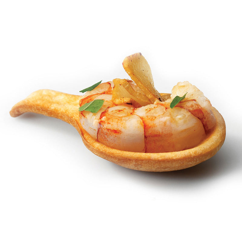 shrimp in savory tart shell shaped like a spoon
